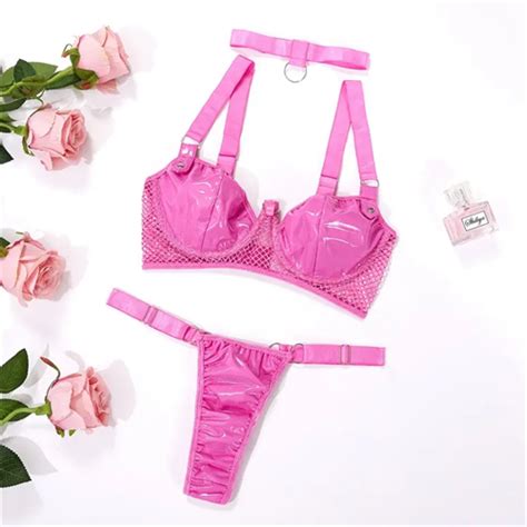 New Pieces Fashion Pink Cup PU Patent Leather Mesh Patchwork Choker T Back Lingerie Set