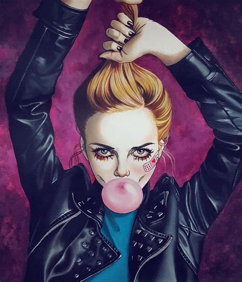 A Painting Of A Woman With Pink Bubble In Her Mouth And Black Leather