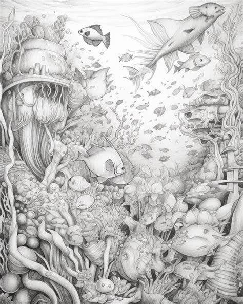 Premium Photo | Pencil drawing of a sea life scene with fish generative ai