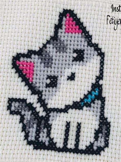 Cross Stitch Pattern Cat With Pink Ears And Tail