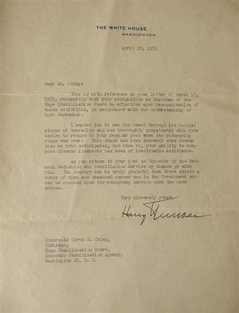 Harry S Truman Typed White House Letter Signed