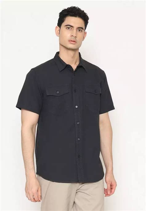 Jual Police Denim Police Kemeja Polos Cotton Slub Kantong Dua Hitam