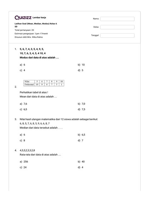 Latihan Soal Mean Median Modus Kelas 6 Sd Quizizz Pdf