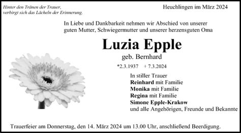 Traueranzeigen Von Luzia Epple Ostalbtrauer