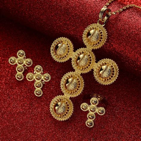 Ethiopian Wedding Big Cross Set For Women Girl K Gold Color Jewelry