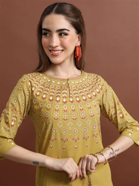 Buy Vishudh Mustard Yellow Printed Straight Kurta For Women Online At