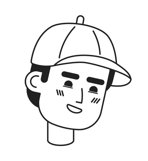 Baseball cap man toothy smile black and white 2D vector avatar ...