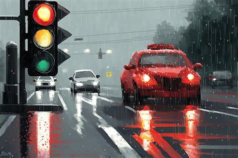 Rote ampel im strömenden regen mit vorbeifahrenden autos auf nassen und