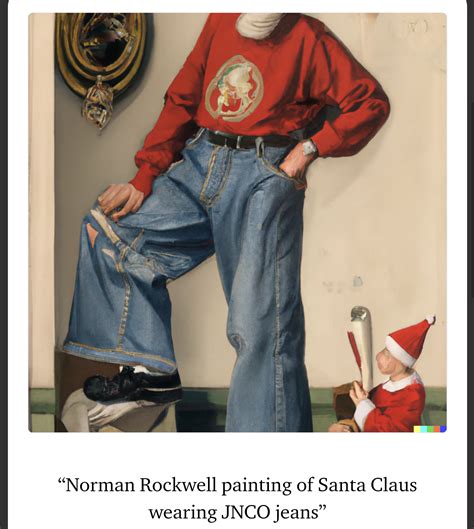 Norman Rockwell painting of Santa Claus wearing JNCO jeans : r/dalle2