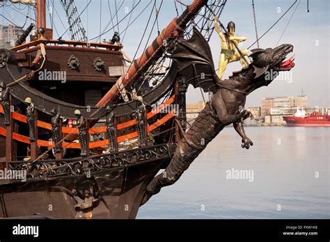 Dragon ship prow with bowsprit in Gdynia, Poland, Europe, Baltic Sea, passenger cruise vessel ...