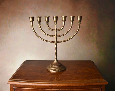 Brass Menorah Jewish Candlestick Seven Branched Candelabrum Golden