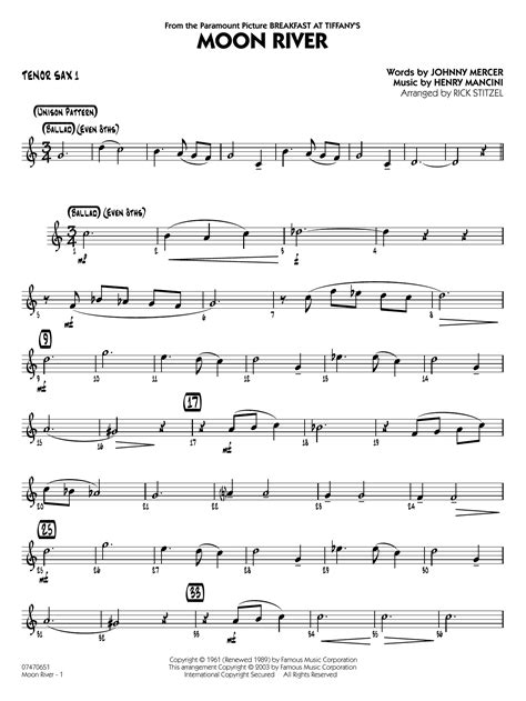 Moon River Arr Rick Stitzel Tenor Sax By Henry Mancini Sheet