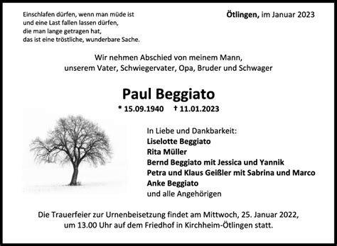 Trauer Paul Beggiato 18 01 2023 Teckbote Trauerportal