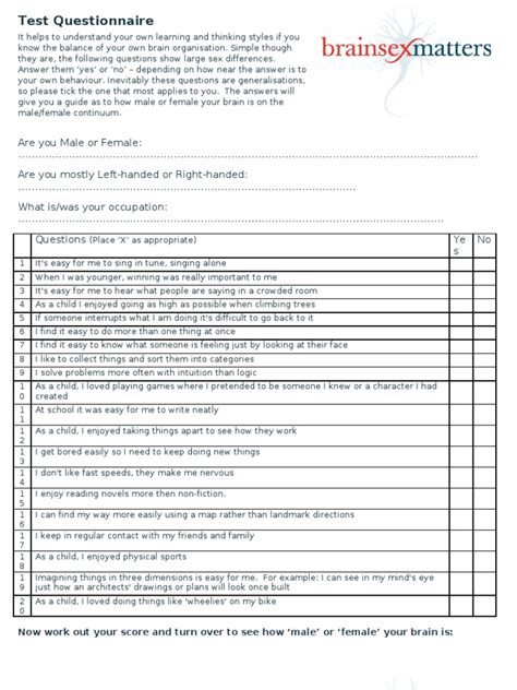 Brain Sex Matters Questionnaire Pdf Finger Questionnaire