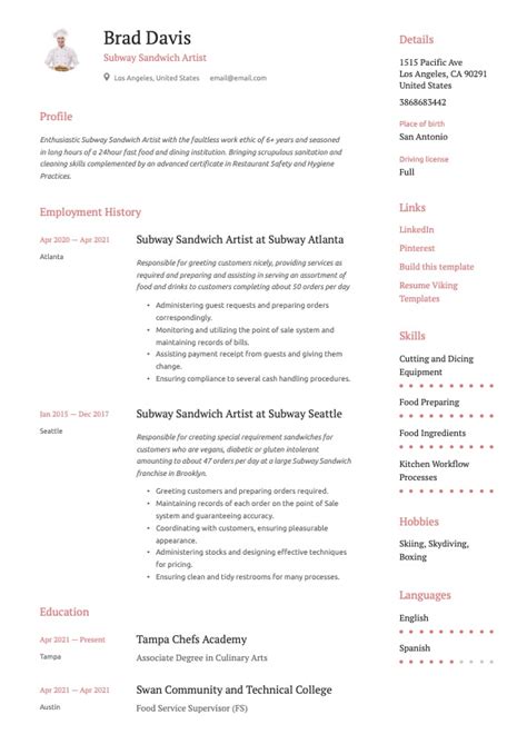 Subway Sandwich Artist Resume Examples & Guide | Free Downloads