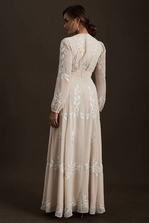 Bhldn Belize Embroidered A Line Long Sleeve V Neck Gown In