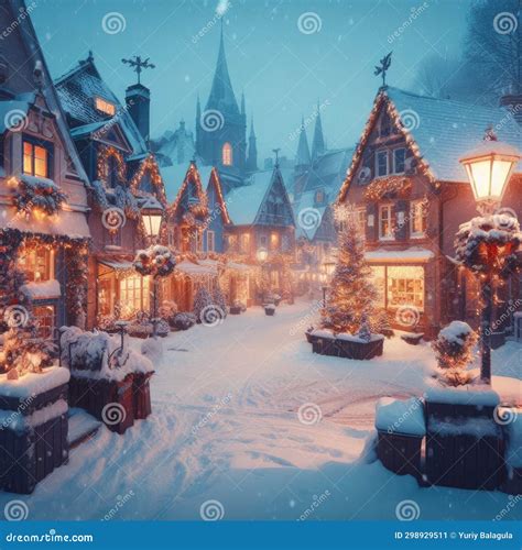 Enchanted Christmas: Snowy Twilight in a Small Town Stock Illustration ...