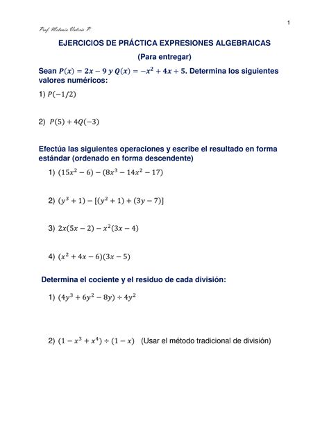 Pr Ctica Para Entregar Expresiones Algebraicas Prof Melania