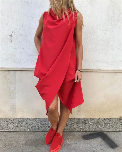 Asymmetrical Red Dress: Italian Cotton Blend Midi Dress With Belt - Etsy