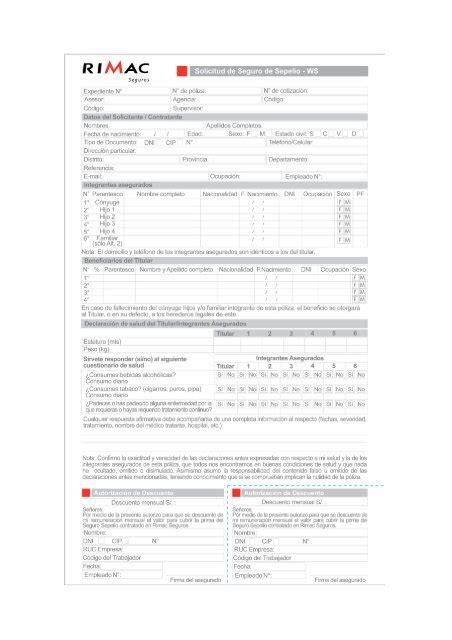 Formulario De Seguro RIMAC Seguros