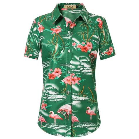 Sslr Hawaiian Shirt For Women Flamingo Short Sleeve Casual Button Down