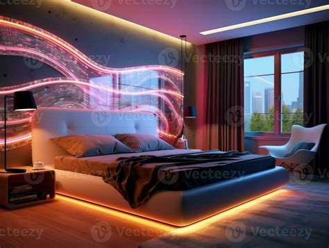 3D modern bedroom with multicolored led strip lights generative ai ...