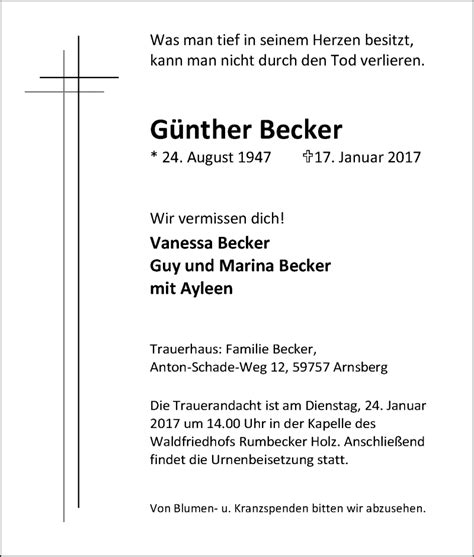 Traueranzeigen Von Günther Becker Trauer In Nrwde