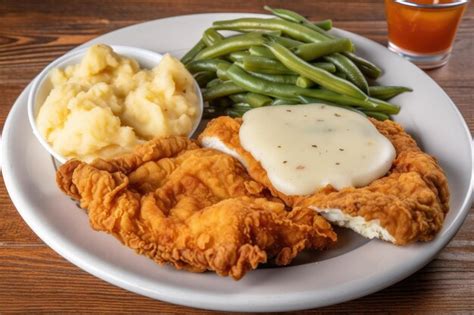 Premium Ai Image Plate Of Crispy Fried Chicken Mashed Potatoes And Gravy And Green Beans