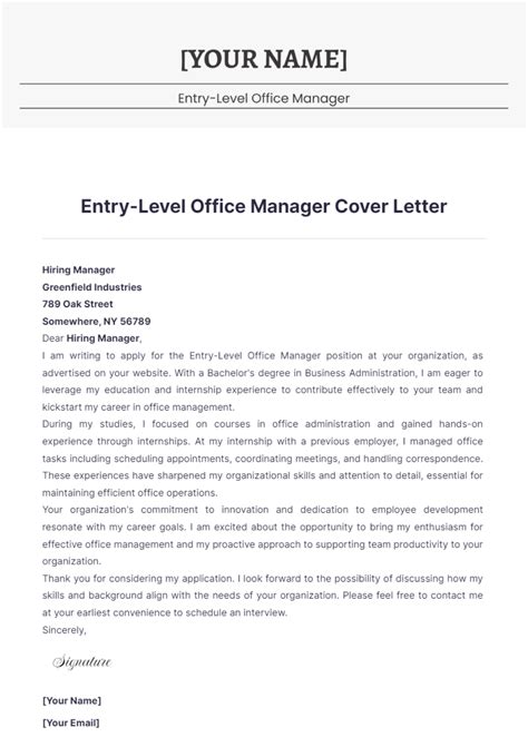 Free Entry-Level Office Manager Cover Letter Template to Edit Online