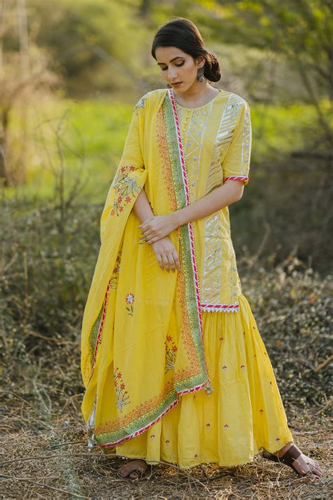 Buy Yellow Cotton Mul Round Embroidered Kurta Sharara Set For Women By