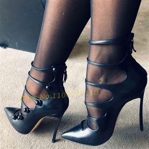 Multi Buckles High Heels Sandals Sexy Women Strappy Black Pointy Gladiator Sandals Cover Heel