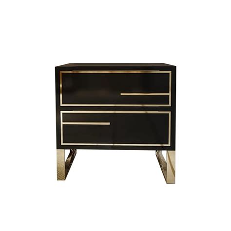 Modern Black Nightstand Lacquered Drawer With Golden Stainless Steel