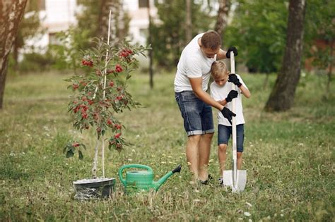 P Re Avec Petit Fils Sont En Train De Planter Un Arbre Sur Une Cour