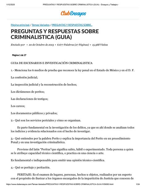 Preguntas Y Respuestas Sobre Criminalistica Guia Ensayos Y Trabajos