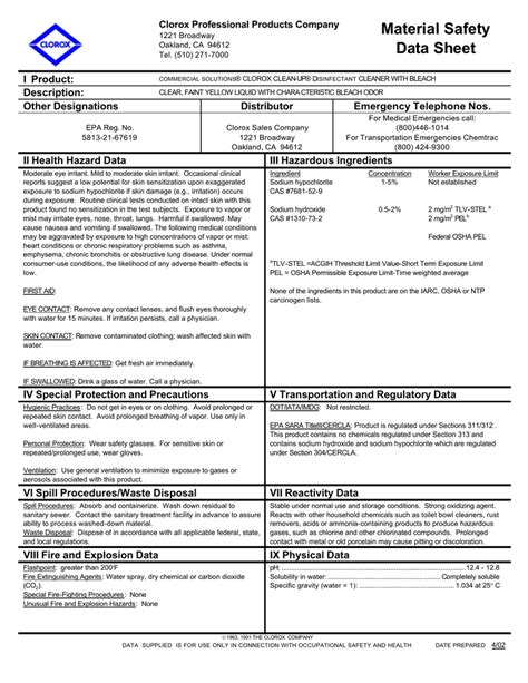 Clorox Regular Bleach Safety Data Sheet Printable Templates Free