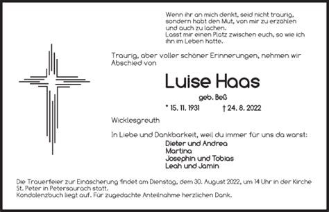 Traueranzeigen Von Luise Haas Trauer Flz De