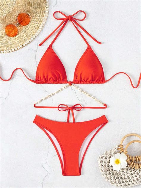 Conjunto de bikini de piezas con decoración de conchas en efecto