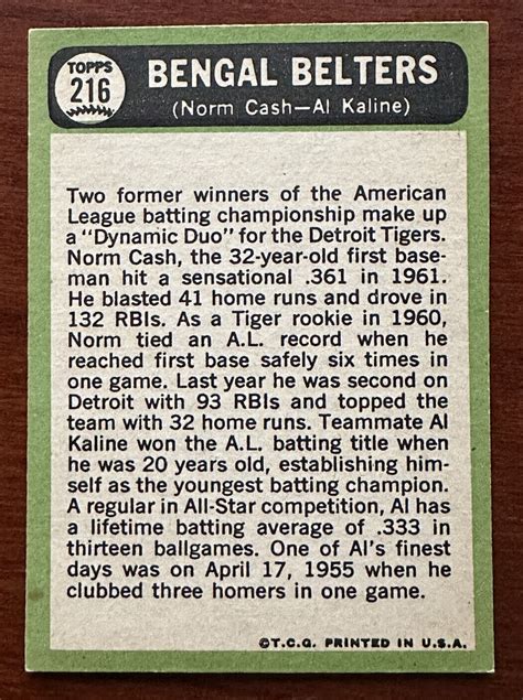 1967 Topps Bengal Belters Norm Cash Al Kaline Detroit Tigers 216 EX