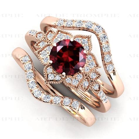 Garnet Engagement Ring Set Etsy