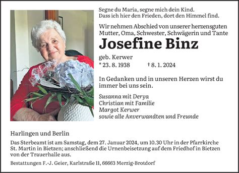 Traueranzeigen Von Josefine Binz Saarbruecker Zeitung Trauer De