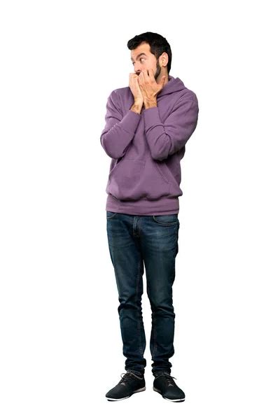 Full Length Shot Handsome Man Sweatshirt Covering Mouth Hands Isolated