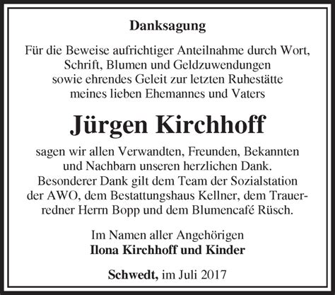 Traueranzeigen von Jürgen Kirchhoff Märkische Onlinezeitung Trauerportal