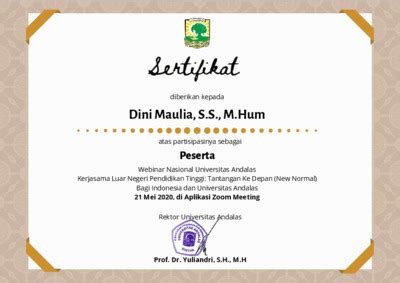 Sertifikat Peserta Webinar Nasional Universitas Andalas Kerja Sama Luar