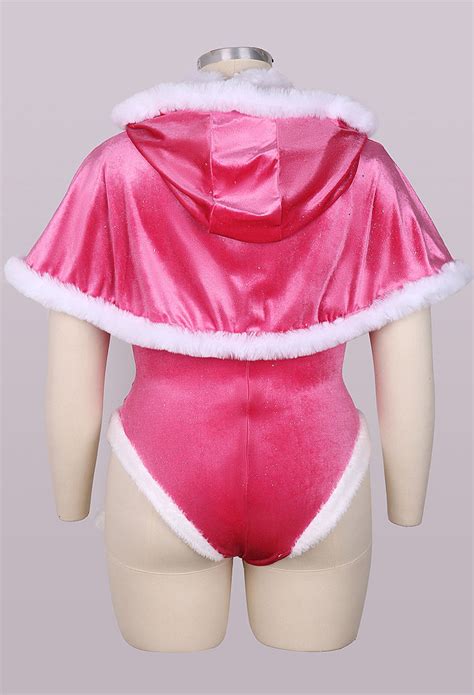 Women Plus Size Peach Plush Sexy Lingerie Set Princess Christmas Fluffy Bodysuit And Cape With