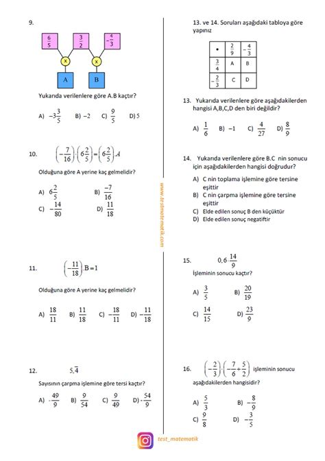 Sinif Rasyonel Sayilar Le Arpma Lem Test Matematik