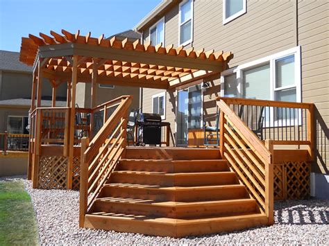 Hardwood Deck With Pergola Benches And Stairway Custom Deck And Patio