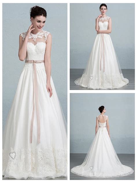 Illusion Neckline Lace Appliques A Line Wedding Dress With Keyhole Back 2553016 Weddbook