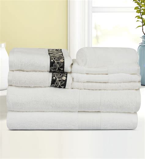 Buy White Cotton Solid 500 GSM Towel Set 8 Pieces By Lush Beyond At