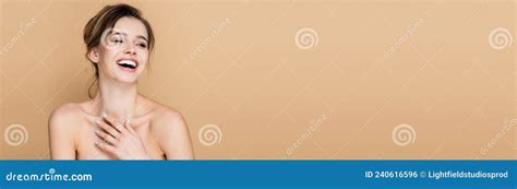 Joyful Woman With Naked Shoulders Holding Stock Photo Image Of Pretty Horizontal