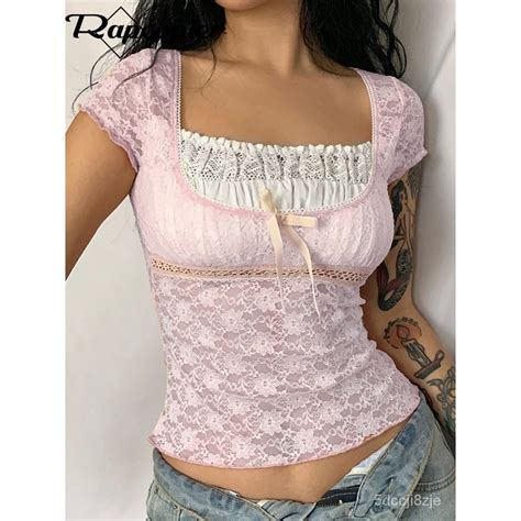 Jual Rapcopter Y2k Pink Trim Crop Top Bow Cute Sweet T Shirt Women